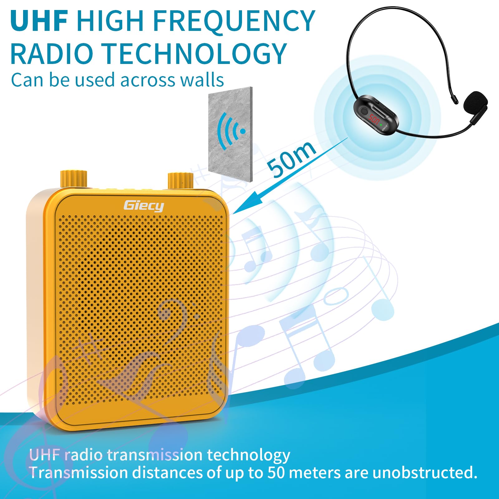 Amplificador de Voz Portátil con Micrófono Inalámbrico UHF, Batería de 2800mAh, ReproductorTF/USB, Radio FM y Grabador para Profesores, Tours y Eventos(Amarillo)