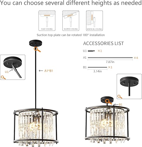 Miniatura 54 de LMQNINE Modernas lámparas colgantes negras para isla de cocina, lámpara de araña de cristal, iluminación colgante ajustable de granja para comedor
