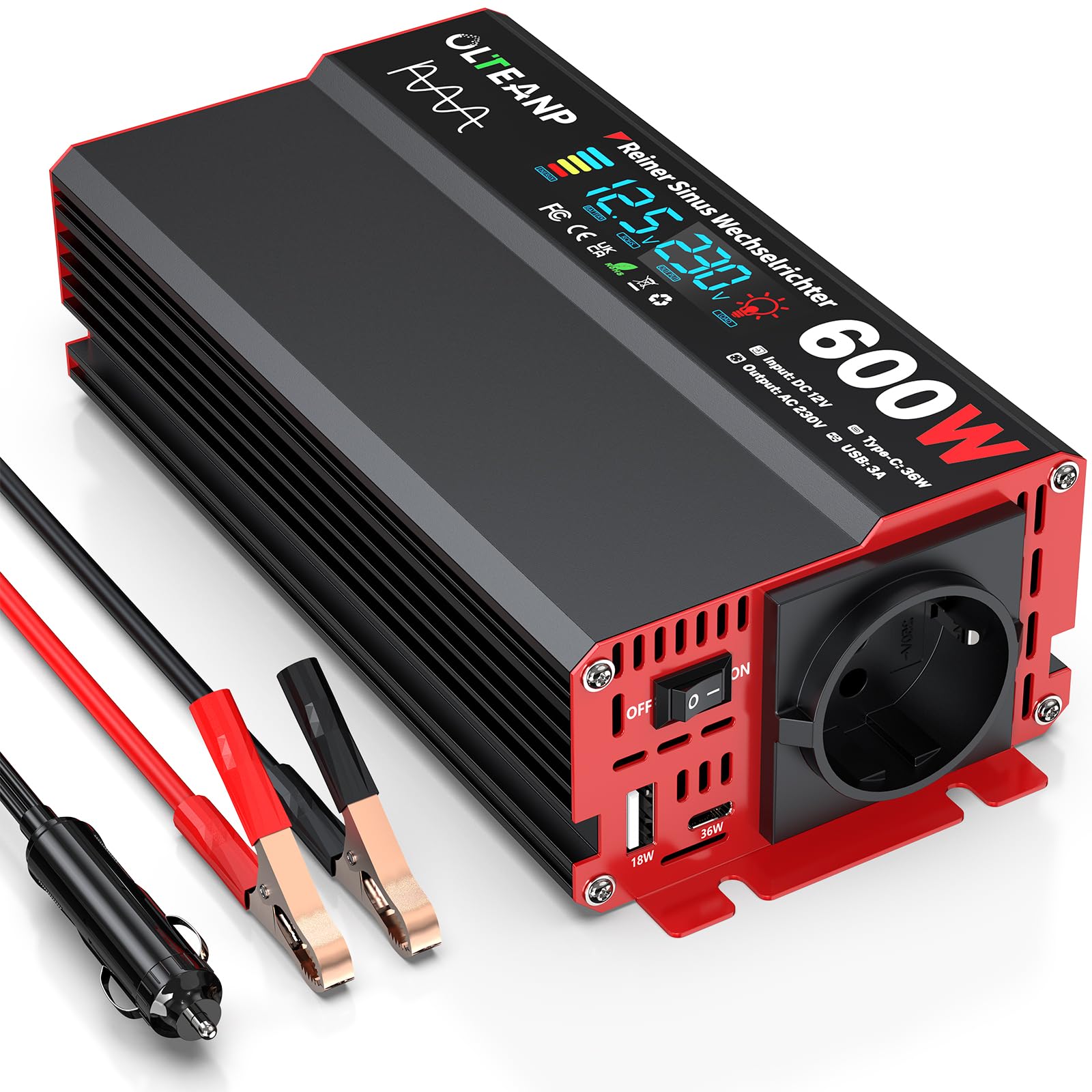 Seamuing 2000 W omvormer DC 12 V naar AC 240 V spanningsomvormer 1 AC stopcontact & 2 USB-poorten stroomtransformator met alligatorclip sigarettenaansteker stekker power inverter voor auto, caravan