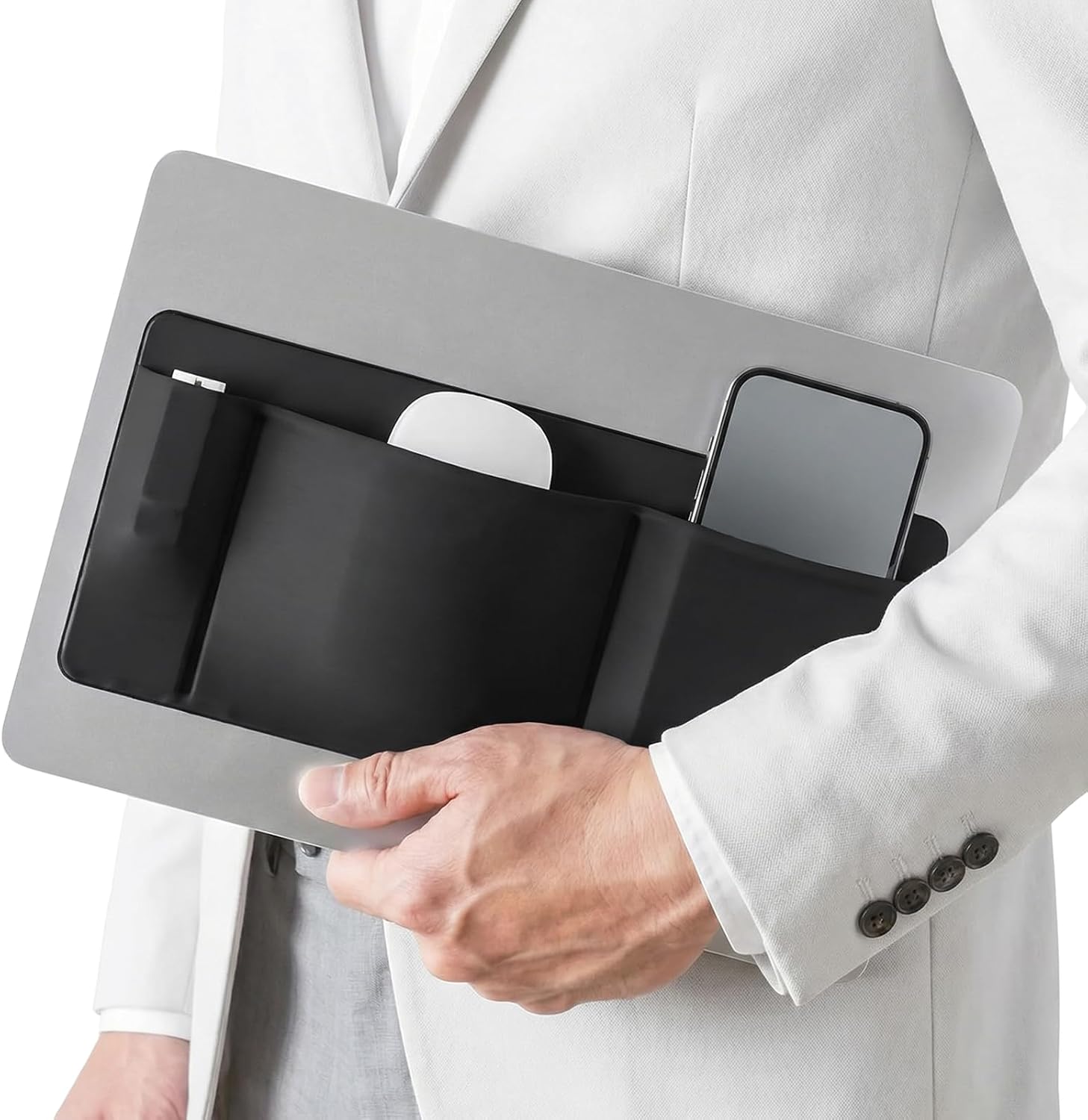 3-Pocket Mouse Holder for Laptop Stick on External Hard Drive Holder Mouse Pouch for Laptop Storage Sleeve for SSD HDD Cables, Reusable Adhesive Compact Elastic Pouch iPad Computer Accessories (Black)