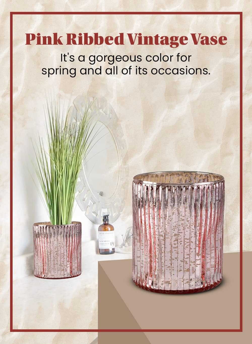 Serene Spaces Living Vintage Ribbed Mercury Glass Vase - Perfect for Floral Arrangements, Table Centerpiece, Home, Office, Wedding, Holiday & Special Events Decor, in 2 Colors (Pink - Pack of 6)