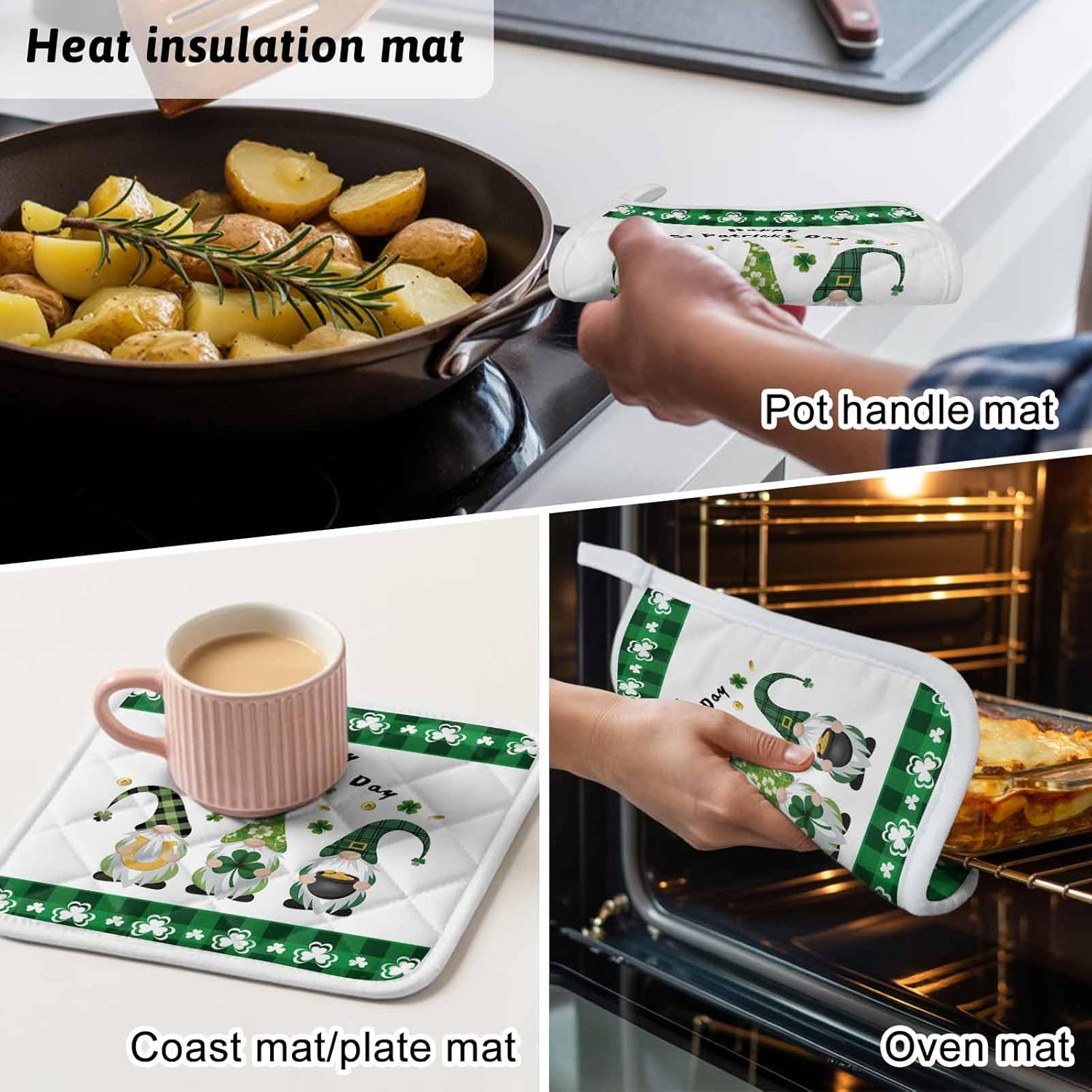 5 Pack Pot Holders for Kitchen, St. Patrick's Day Hot Pads for Kitchen Countertops Oven Pot Holder Bulk, Green Funny Gnomes Lucky Grass Checked Heat Insulation Potholders with Hanging Loops