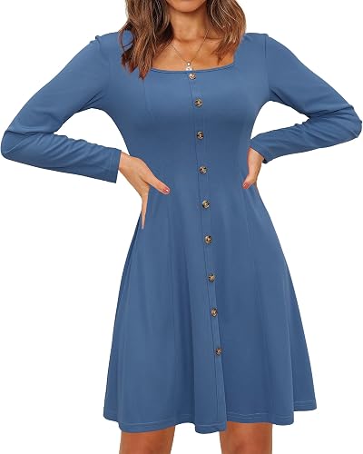 Newshows Women Fall Holiday Dress Long Sleeve Square Neck Casual Ribbed Knit Win