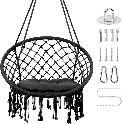 Silla colgante tejida a mano de cuerda de algodón, silla hamaca, máximo 330 libras, silla de columpio de cuerda de malla tejida hecha a mano para,