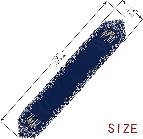 Miniatura 6 de OWENIE Camino de mesa de Hanukkah, bordado de Janucá con menorá azul, festival judío, decoración de mesa para interiores y exteriores, bufanda para