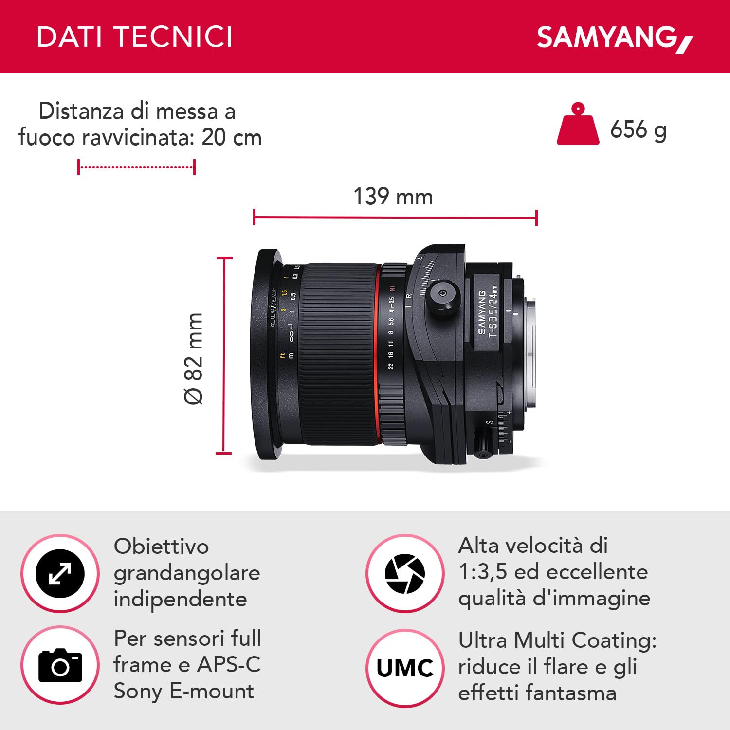 Samyang MF 24 mm F3,5 T/S per Sony E – Tilt Shift pieno & APS-C, messa a fuoco manuale, distanza focale fissa per fotocamera Sony con supporto E Mount, alloggiamento in alluminio