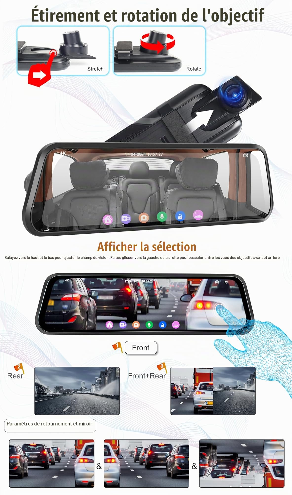 CAMECHO 4K Retrovisor 9. 66 Pouces Mirror Dash CAM Coche Con Cámara 1080P, Delantera 150° y Trasera Dashcam 120° Con ADAS y BSD Línea Inversa, Visión Nocturna, Sensor G, GPS y WiFi