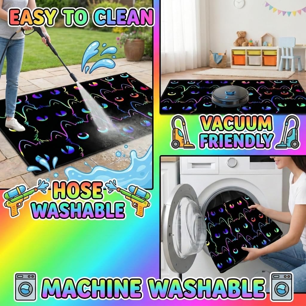 Cat Rug 2x3 Feet Small Neon Area Rug, Rainbow Outline Black Animal Pattern Non-Slip Cat Floor Mat for Gaming Room Teens Bedroom Bedside Cute Goth Decor image 4