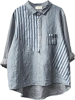 Camisa de lino con botones para mujer, cuello Peter Pan, manga larga, color liso, informal, ligera, holgada