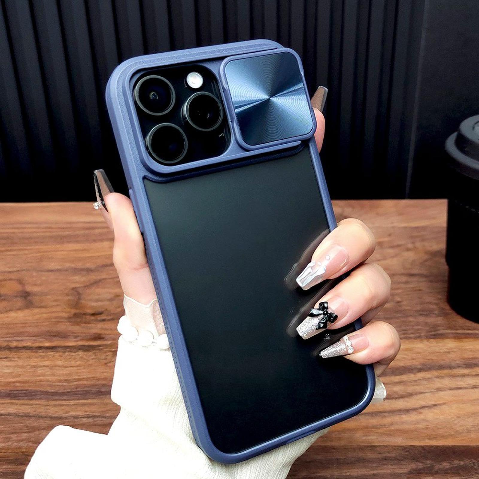 Coque iPhone 14 photo de luxe avec cache objectif coulissant en finition cyan élégante