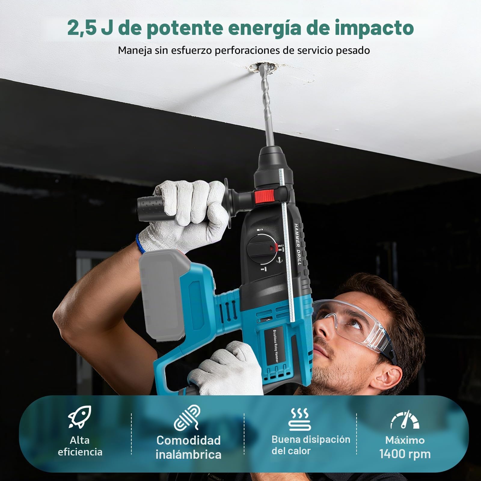 18V 2.5 J Taladro Percutor a Baterías Profesional, Compatible con Baterías Serie 18V BL, Incluye 10 Brocas, Mango Antivibraciones y Embrague de Seguridad