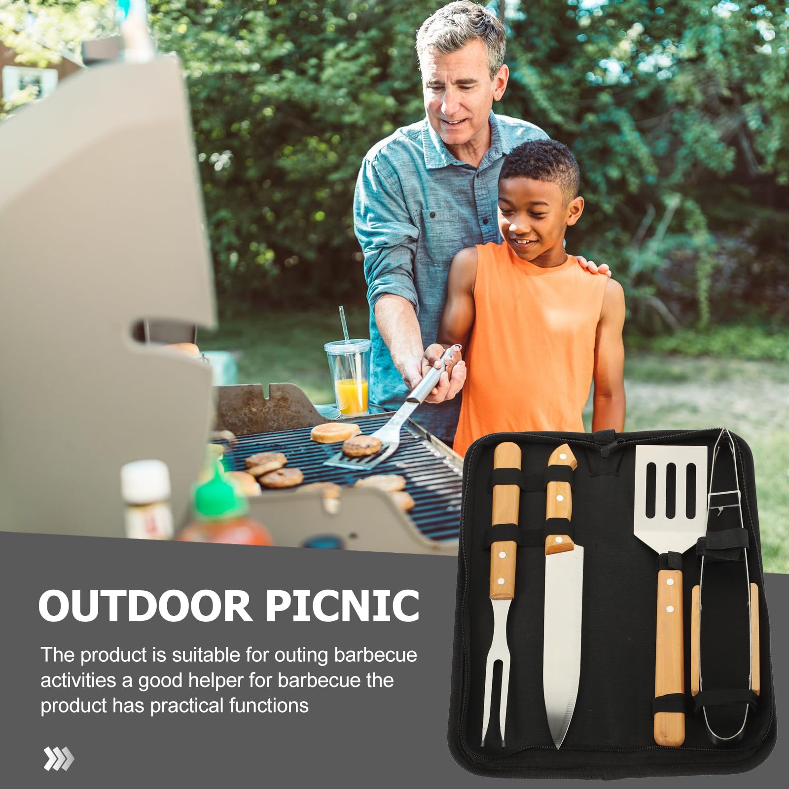 GANAZONO Set Utensili per Barbecue Portatile in Acciaio Inossidabile 4 Pezzi Manico Antiscivolo e Custodia Pratica per Campeggio e Grigliate All'aperto