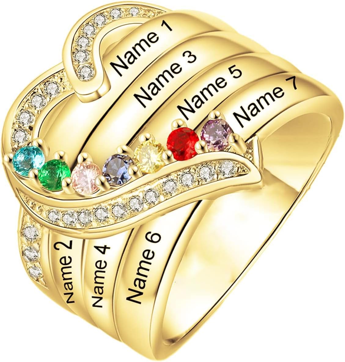 Personalized Natural Diamonds Mother Birthstone Ring with 1-8 Birthstones for Women Mom Wife,10K 14K 18K Solid Gold Custom Heart Mom Birthstones Ring Engraved Jewelry Gift for Mothers Day Birthday