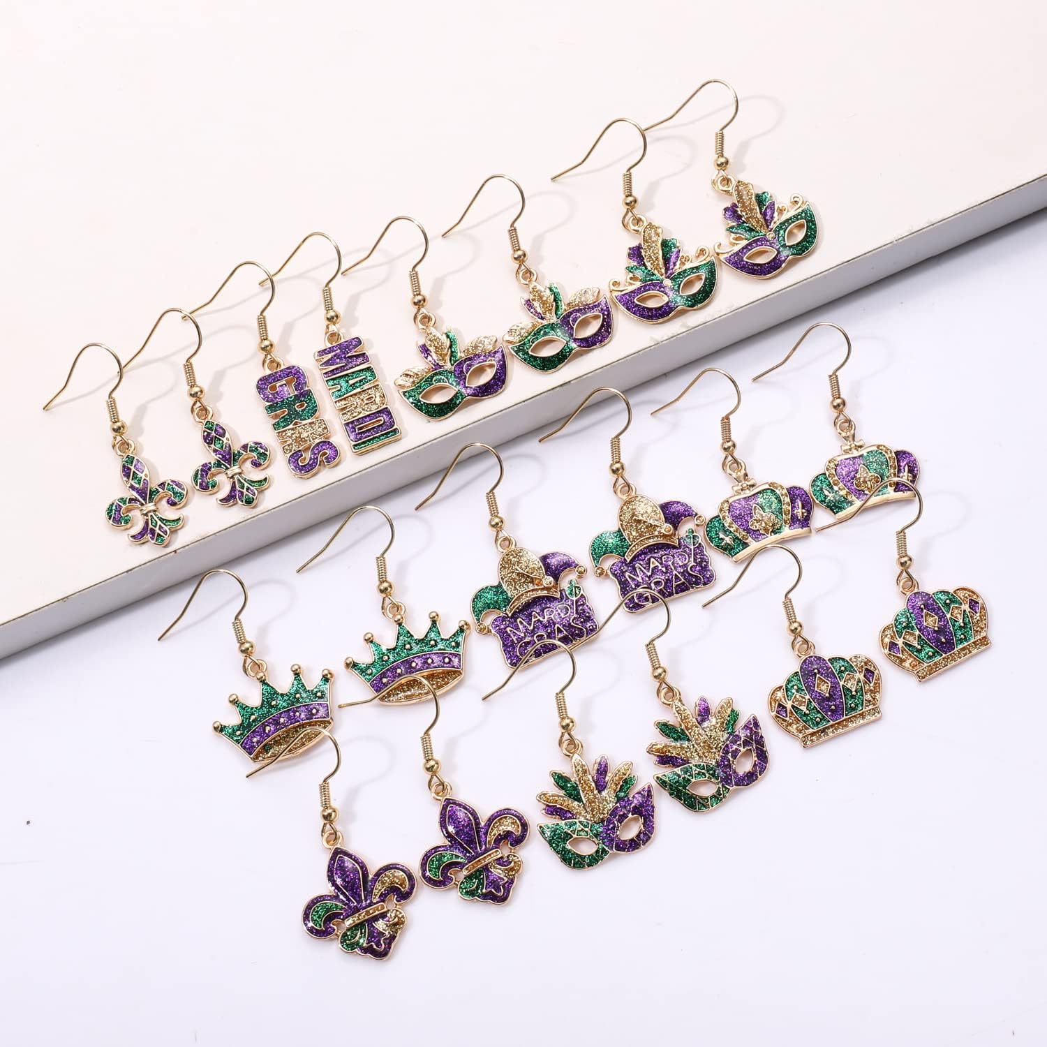 9/12Pairs Mardi Gras Earrings for Women, Crown Mask Fleur De Lis Earrings Glitter Carnival Parade Party Earrings for Fat Tuesday Celebrations Mardi Gras Accessory Gifts - Image 5