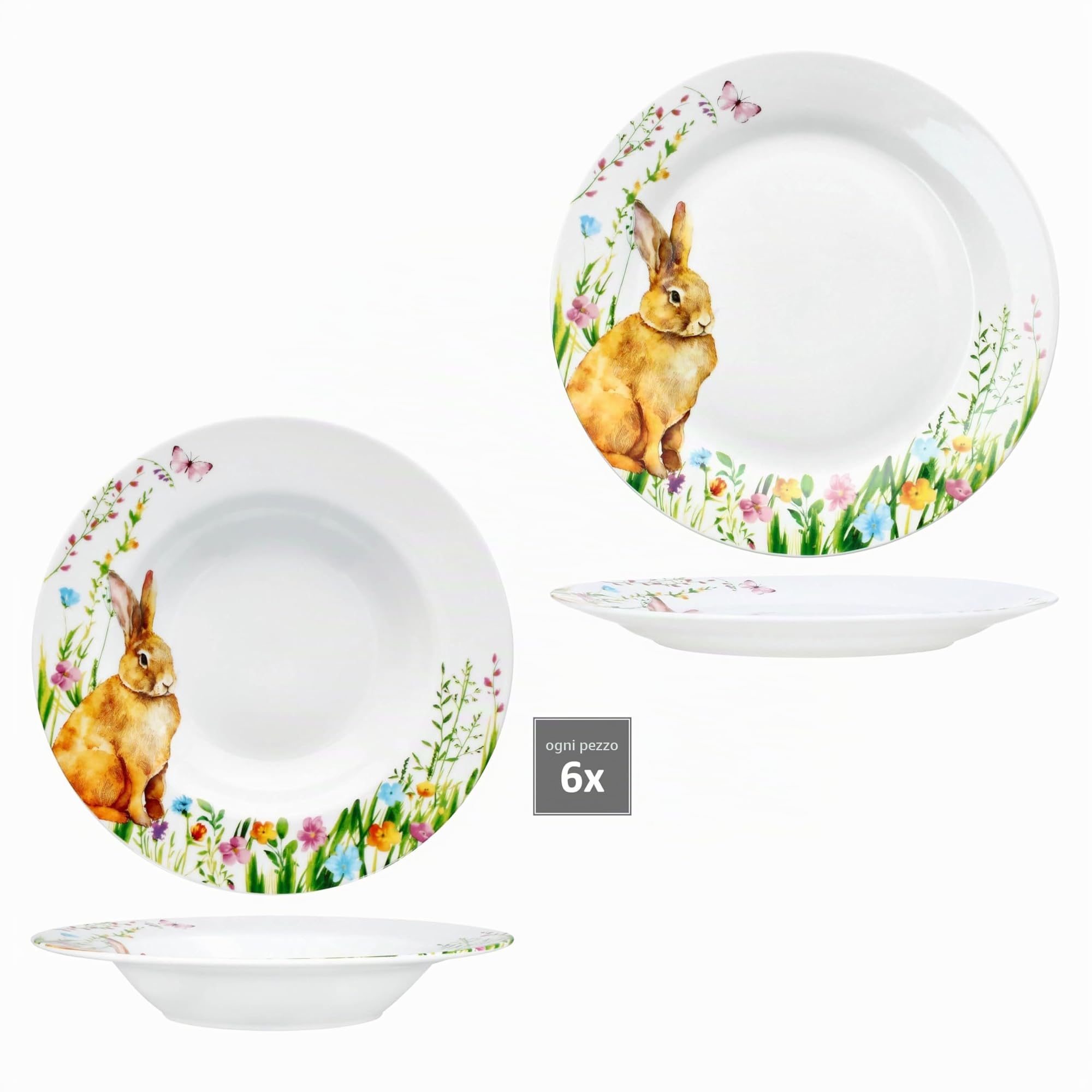 MamboCat 12 pezzi servizio da tavola Osterfreude I porcellana primaverile con decoro conigli di Pasqua per 6 persone I 6x piatti fondi & 6x piatti piani per colazione, pranzo e cena