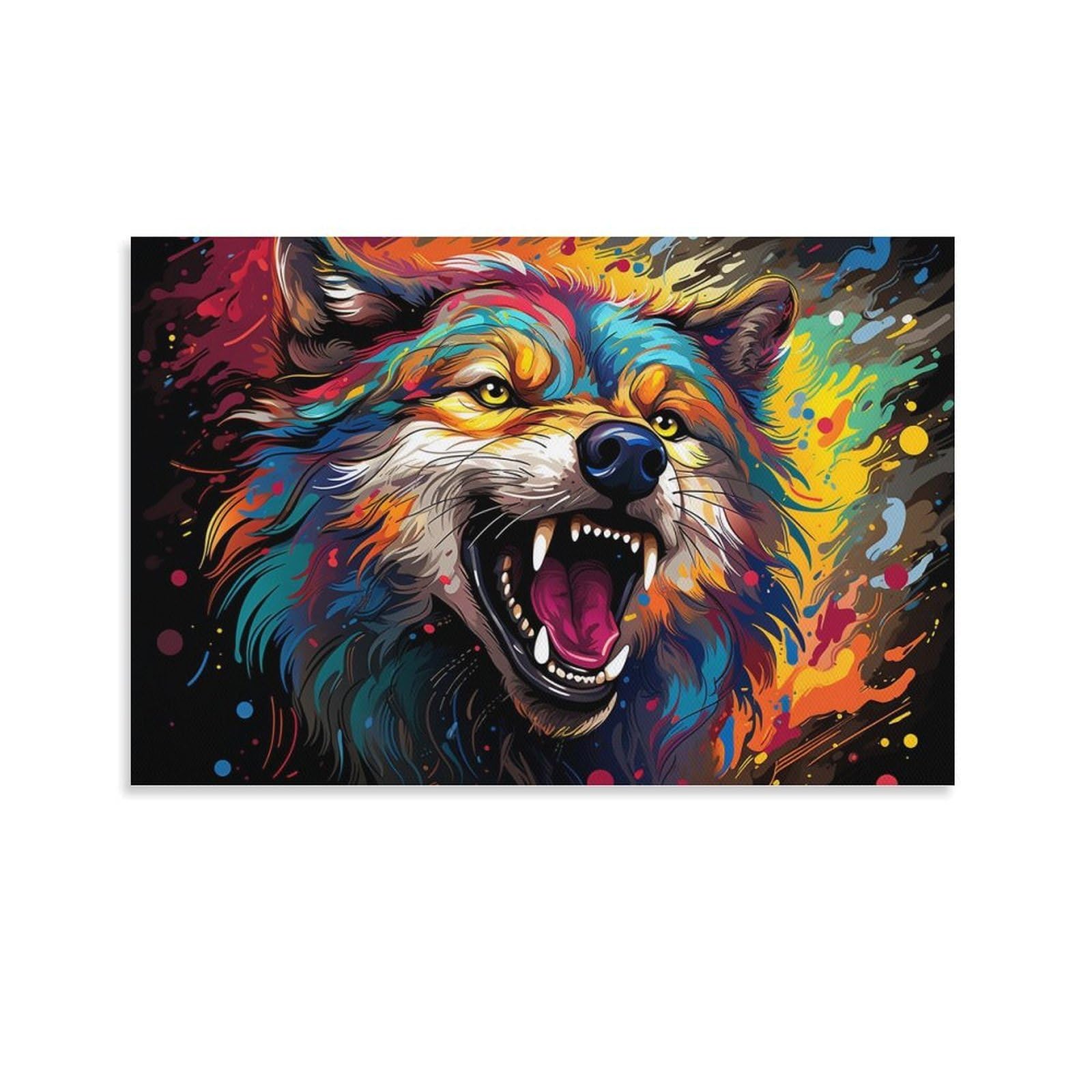CPLVKWRQJ Bright Magical Colorful Single Piece Vibrant Snarling Wolf Portrait Canvas Wall Art - Housewarming Gift Bedroom Canvas Painting Ready to Hang Decor 24x36inch(60x90cm)