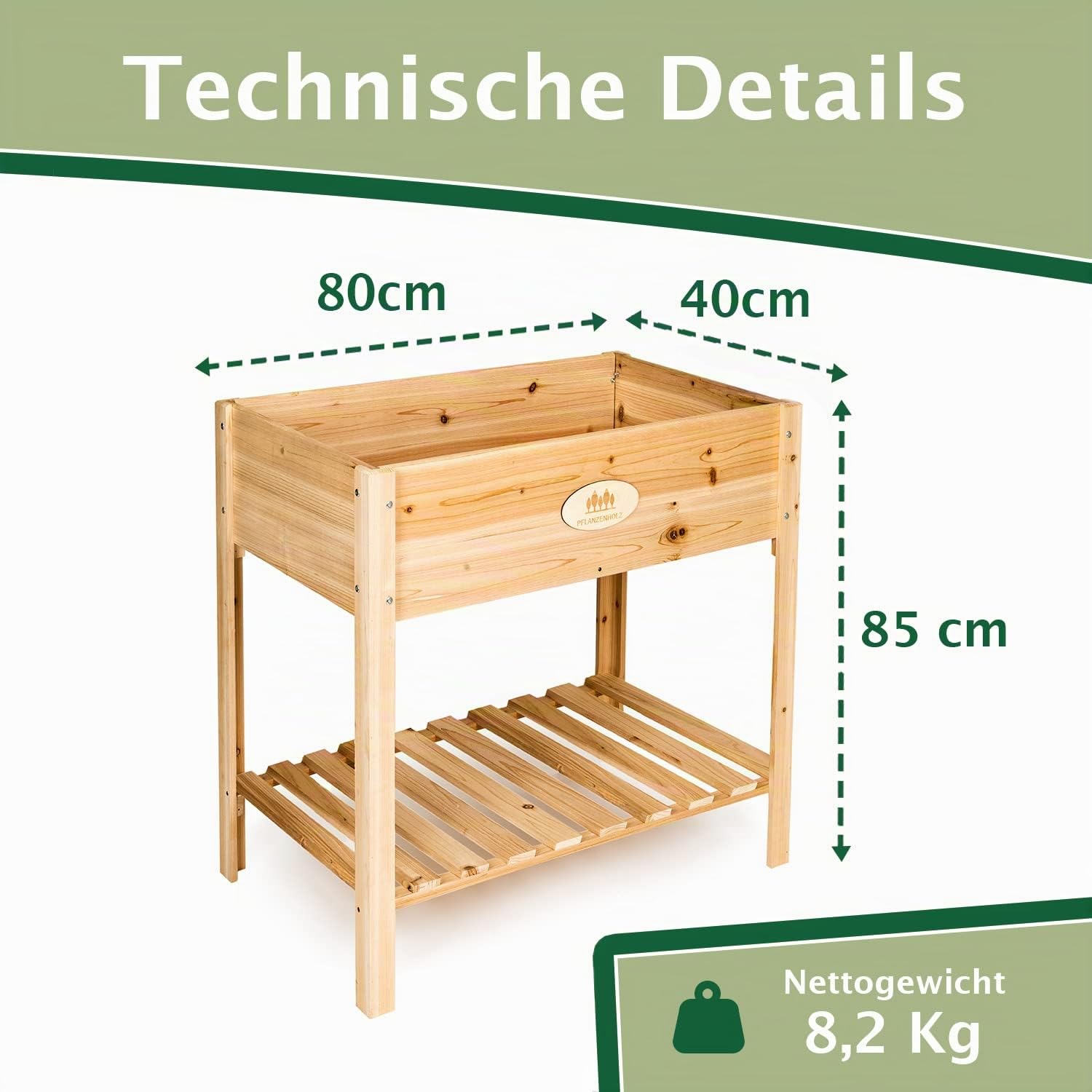 Hochbeet für Balkon und Garten aus Zedernholz, hochwertiger Pflanzkasten mit Ablage, ideal einsetzbar als Anzuchtbeet oder Kräuterbeet, Maße 80x40x85 cm (Typ: HB002)