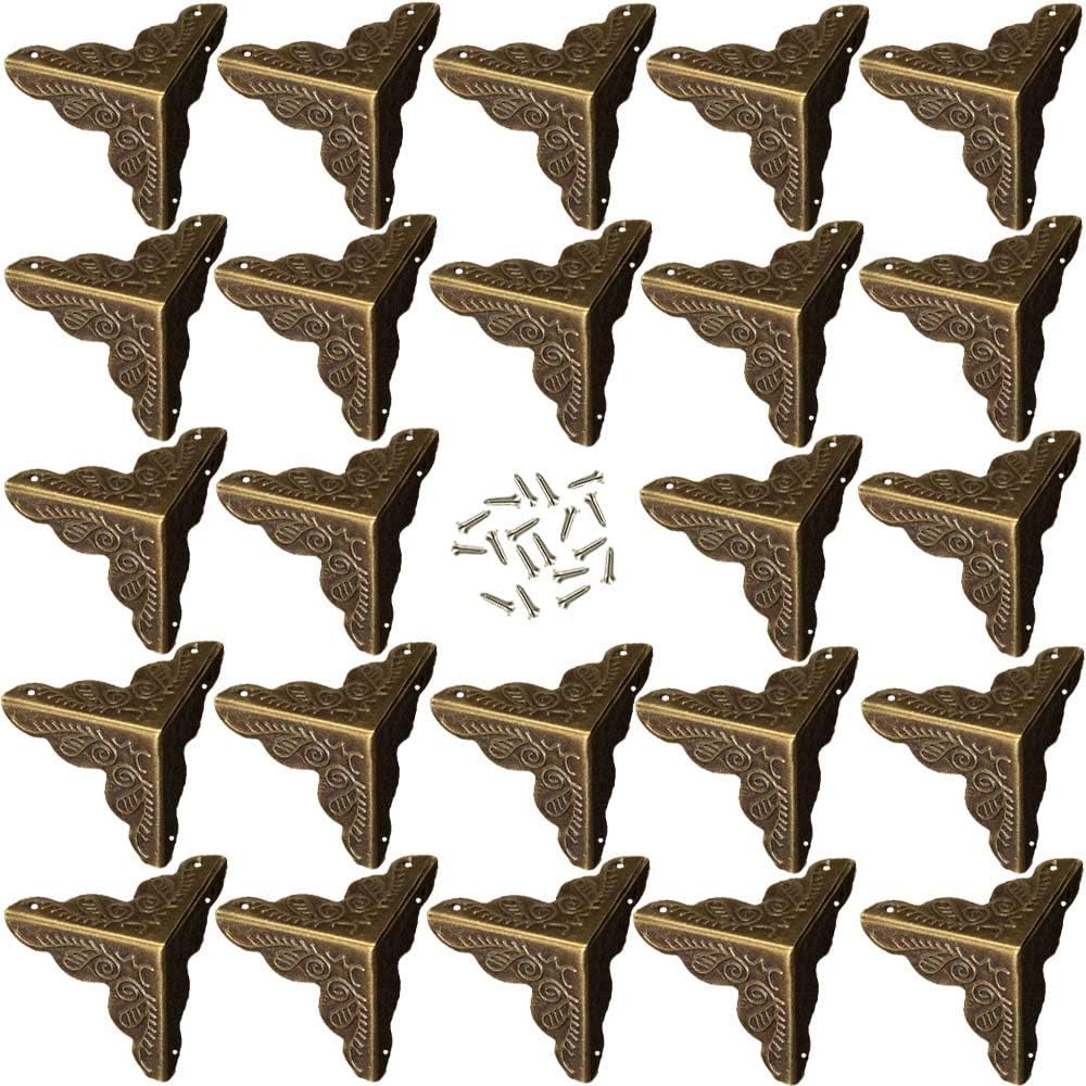 24 pcs Antique Bronze Corner,Protectors Bronze Wooden Box Furniture Table Corner Decorative,Including96 Matching Nails