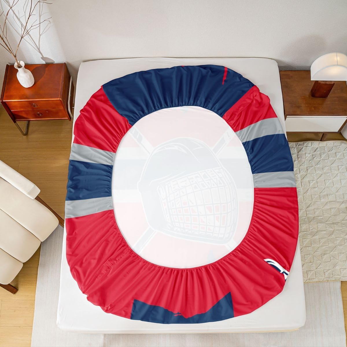 Erosebridal Boys Hockey Fitted Sheet Queen,Ice Hockey Fans Bed Sheets for Fan,Ice Hockey Lovers Bed Set,Ball Bedding Set with 2 Pillowcases Deep Pockets,Blue Red,No Top Sheet