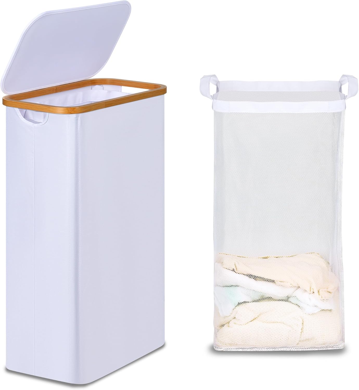 efluky Slim Laundry Basket with Lid, Narrow Laundry Hamper with Removable Bag, Skinny Dirty Clothes Basket with Bamboo Handles for Bathroom, Bedroom & Laundry Room, 75L White White 75L