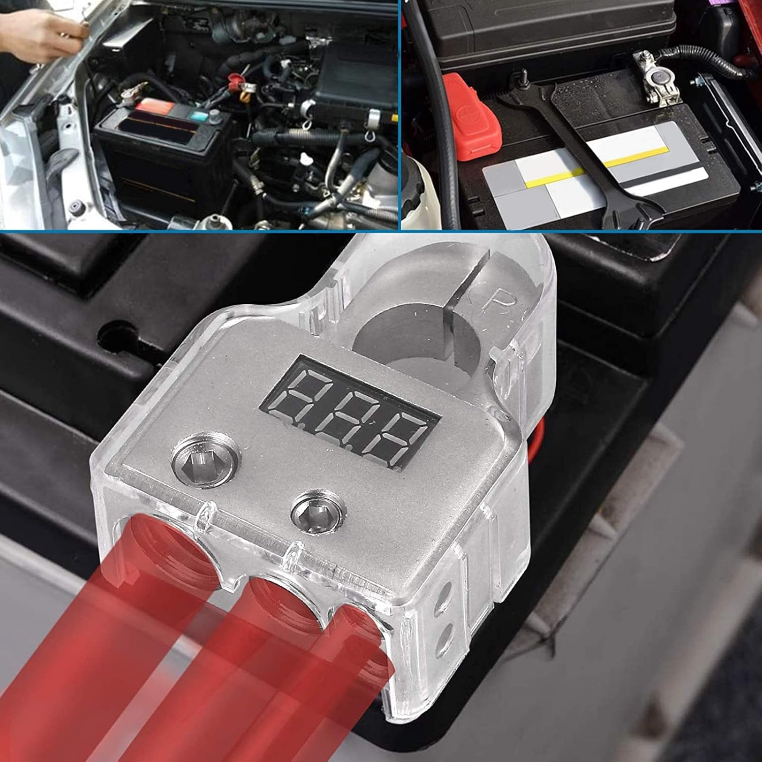 Car Battery Terminal Connectors Kit with Digital Voltmeter Display Standard 0/4/8/10 AWG Gauge (B(Sliver))