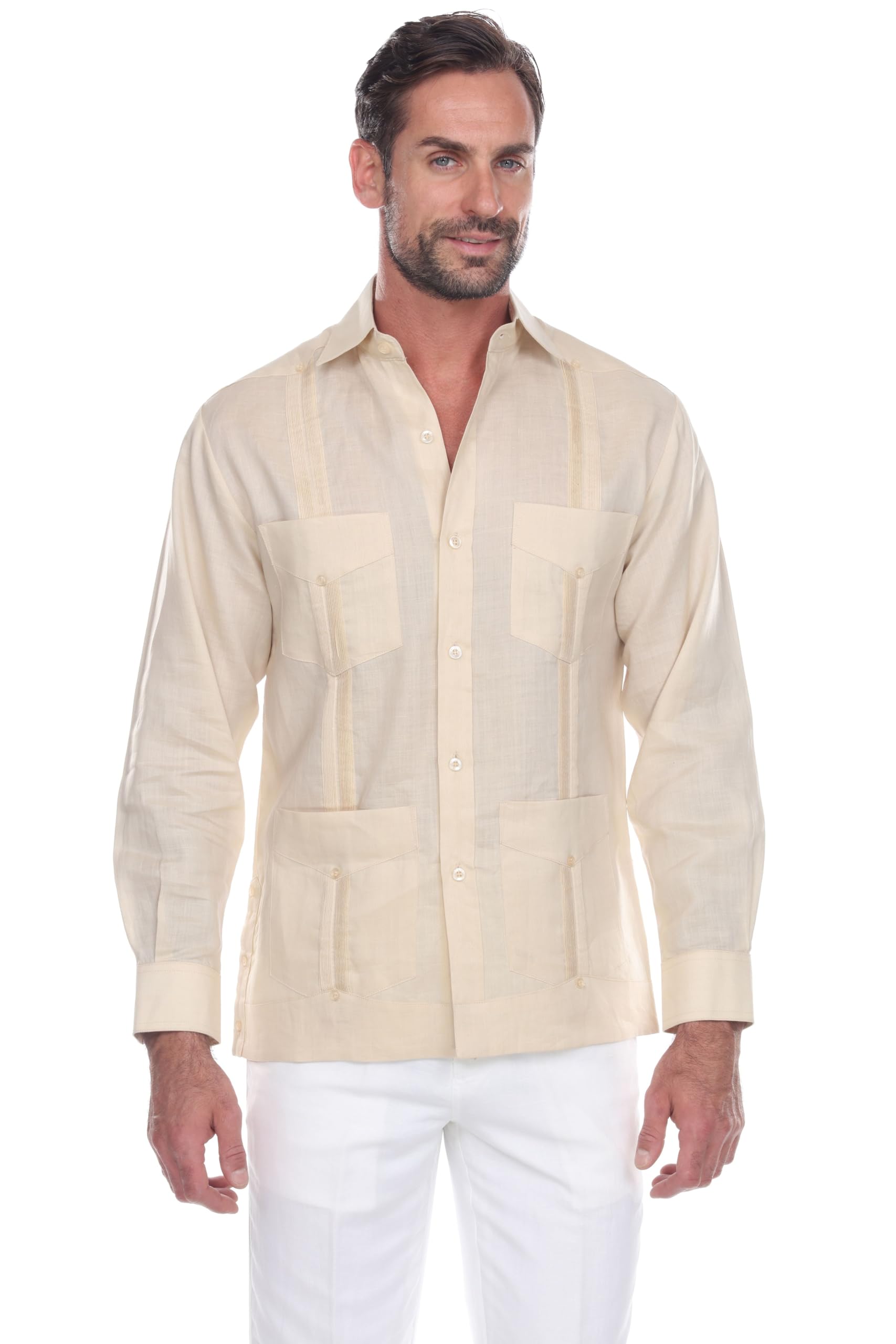 Mojito Collection Men's 100% Linen Classic Four-Pocket Long Sleeve Guayabera Shirt