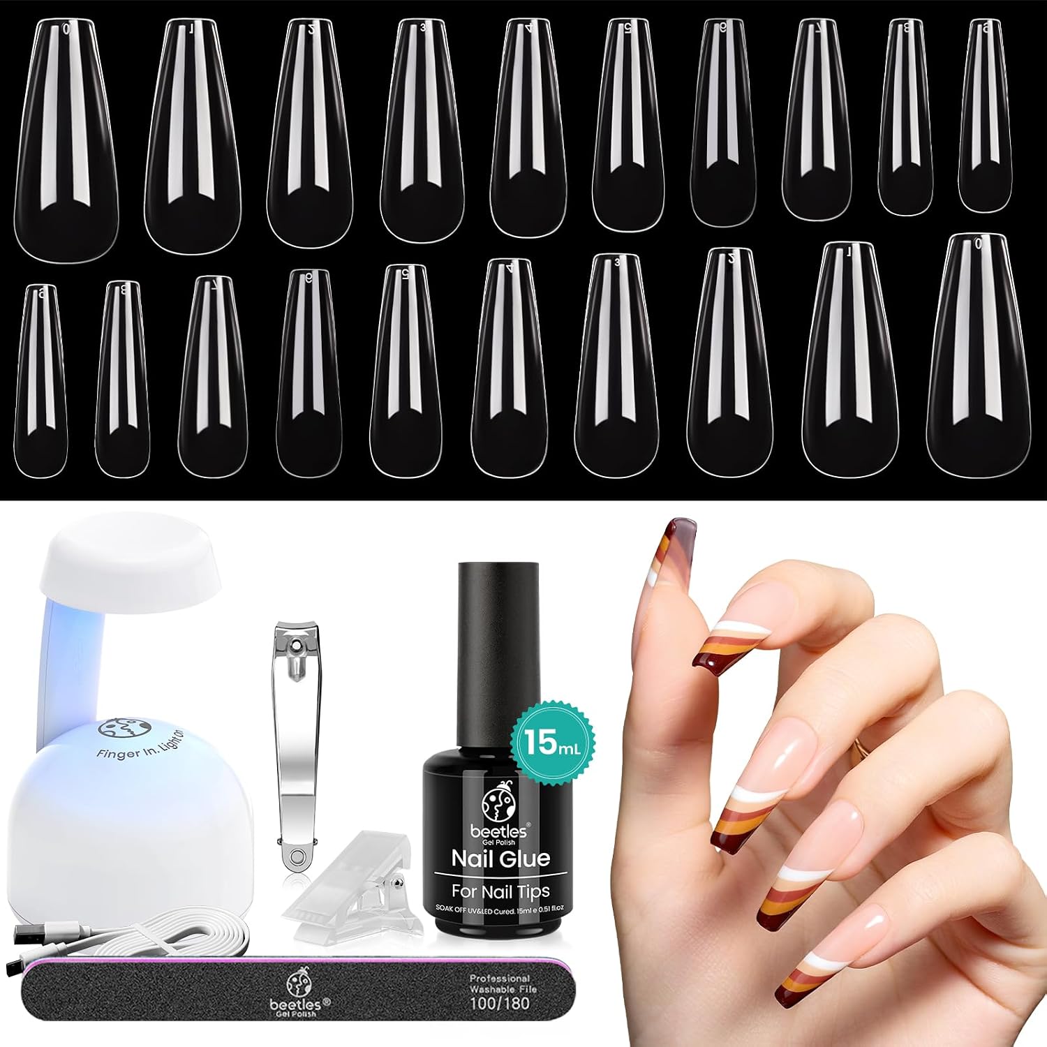 Beetles Acrylic Nail Tips Nail Glue Lamp Kit, 500pcs Gel Nail Kit Acrylic Set with Long Coffin False Nail 5 in 1 Nail Glue and UV LED Nail Lamp for