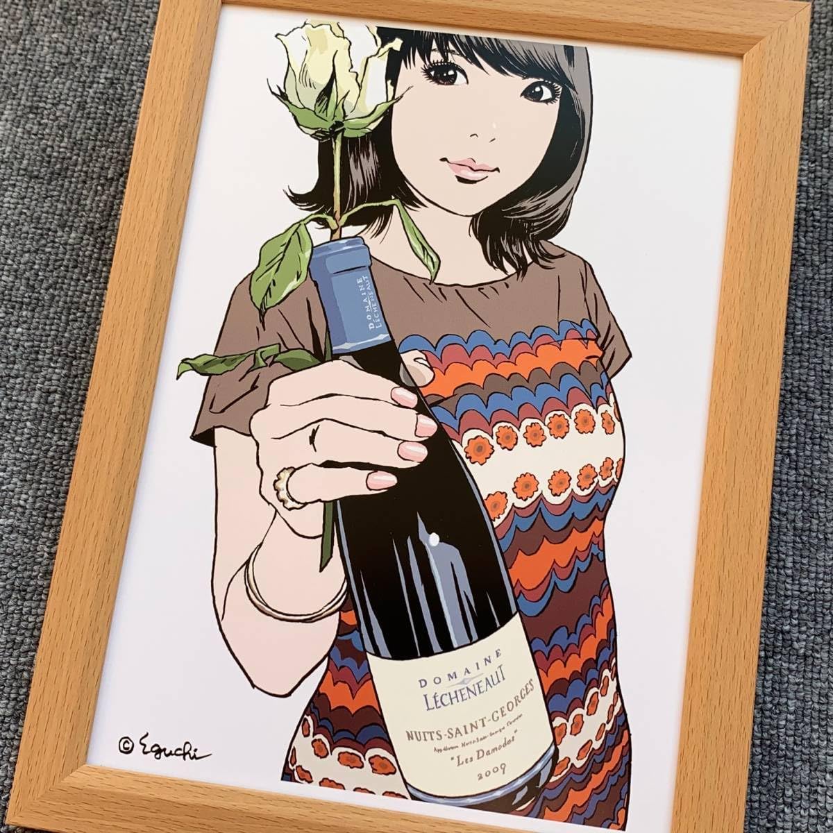 額入り □江口寿史『ワインボトルと美女 : 着物 N』B5サイズ 額 額装品