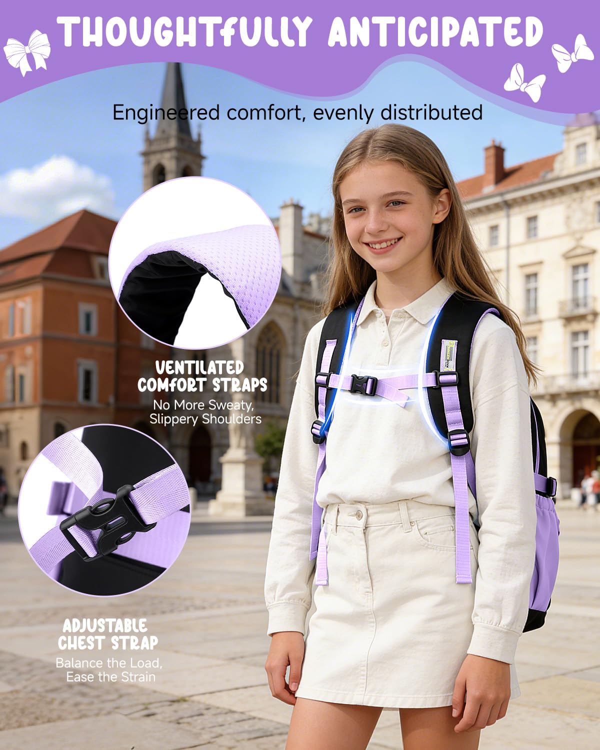 Amythe Cartable Fille Collège et Primaire, Sac à Dos Scolaire Adolescentes Léger Imperméable, Grand Sac D'école Fille pour Portable 15.6", Compatible Chariot,10-18 Ans -Violet