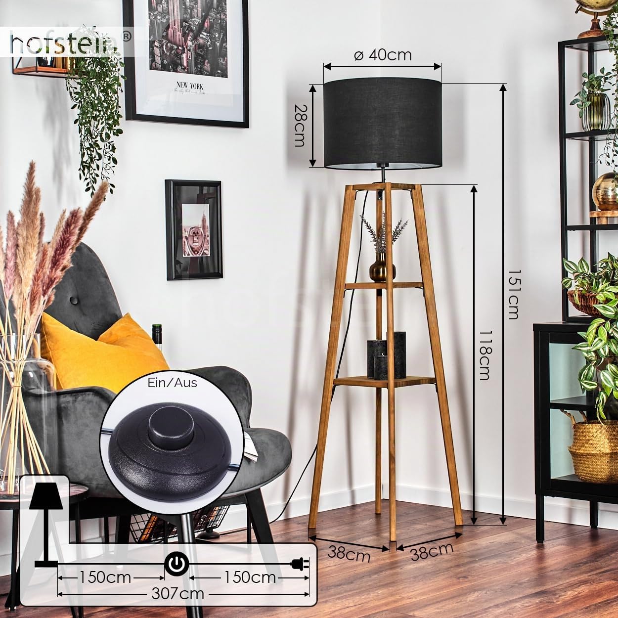 Stehleuchte Bassagoda, Stehlampe aus Holz/Stoff in Natur/Schwarz/Weiß, Leuchte im skandinavischen Design mit rundem Schirm (Ø 40cm), Ablageflächen u. Fußschalter, Höhe 151cm, 1x E27, ohne Leuchtmittel