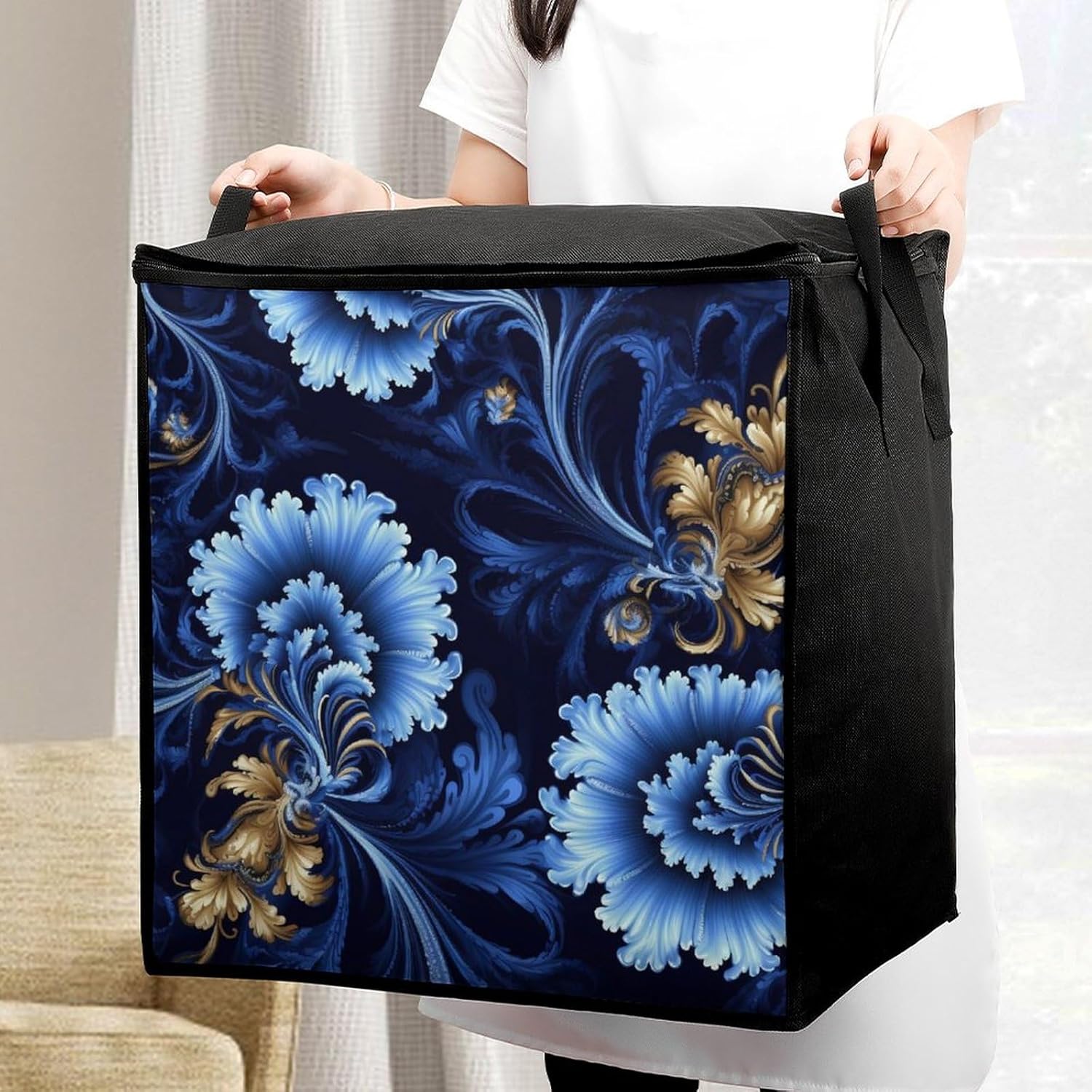 Portable Quilt Storage Bag,Classic Blue Printed Foldable Wardrobe Storage Box Foldable Storage Bag with Lids And Handle Large Clothing Storage Bag for Comforters Clothes Blankets Pillows