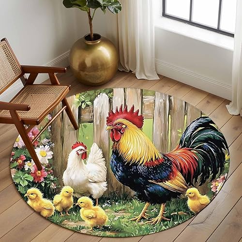 Miniatura 3 de 6ft Round Rug, Retro Rooster Non-Skid Rubber Backing Large Area Rugs - Living Room Bedroom Home Office, Farmhouse Animals Watercolor Floral Indoor