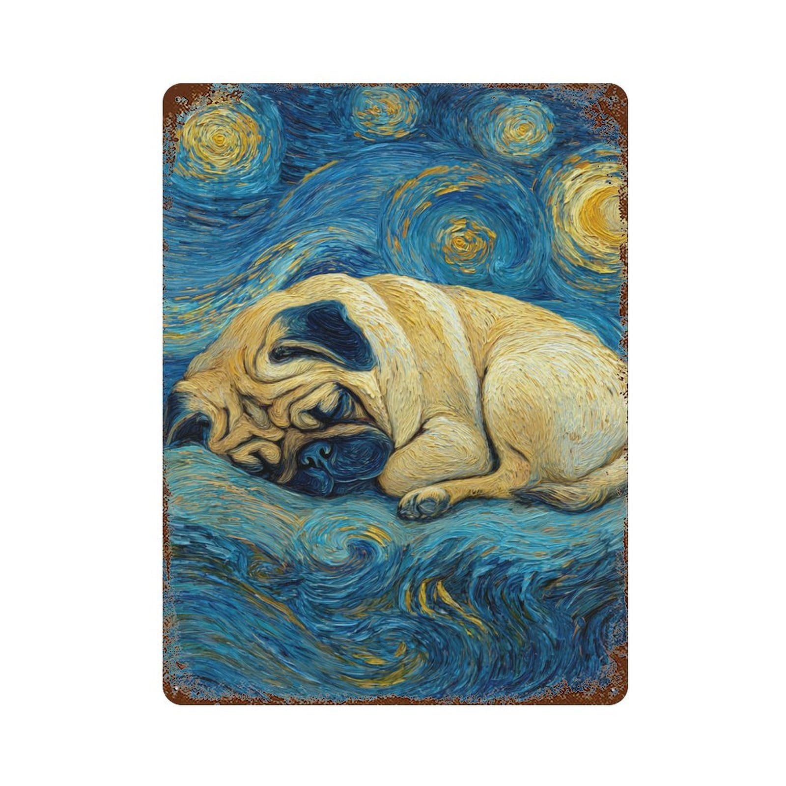 Starry Night Pug Painting Rust Effect Tin Sign 15.7"x11.8", Vintage Wall Decor for Pub, Kitchen And Man Cave Decor