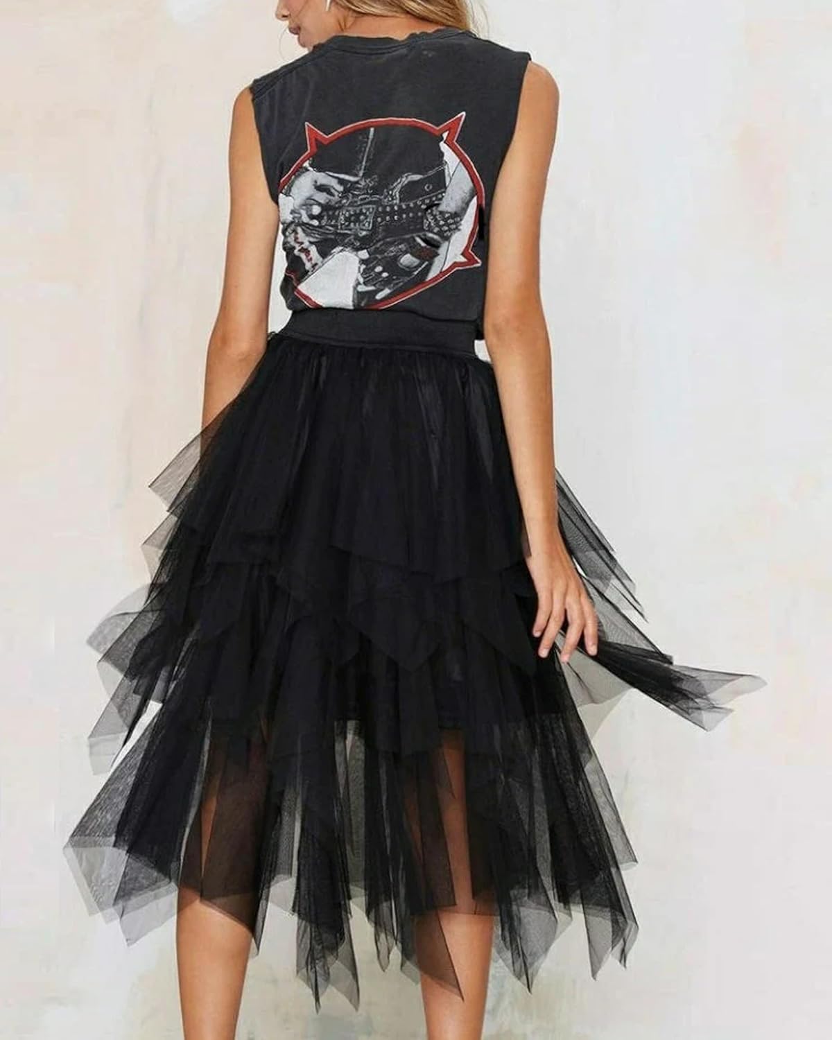 Tulle Skirts for Women 3 Layered High Low Asymmetrical Midi Length Elastic Waist Mesh Tutu Skirt - Image 4