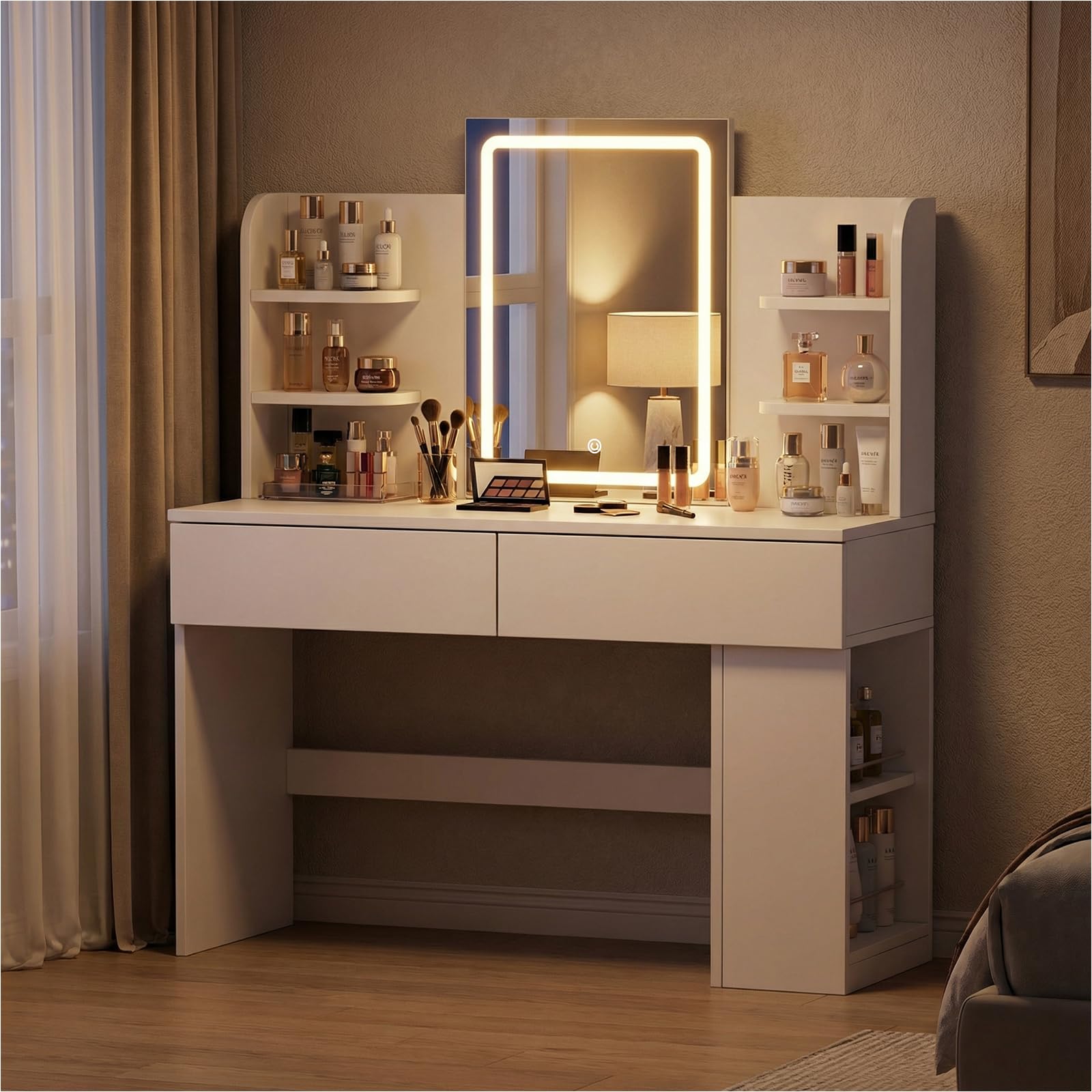 JUMMICO Coiffeuse avec Miroir LED et Lumière Réglable, Table de Maquillage Moderne avec Rangement Maximisé - 4 Étagères, 2 Tiroirs + Compartiment Latéral, Dimensions 108x40x136 cm pour Chambre (Blanc)