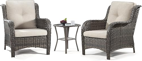 Miniatura 71 de Juego de 2 sillas de patio giratorias de 360 grados para exteriores y mesa auxiliar a juego – 3 sillas deslizantes de mimbre para patio con cojines