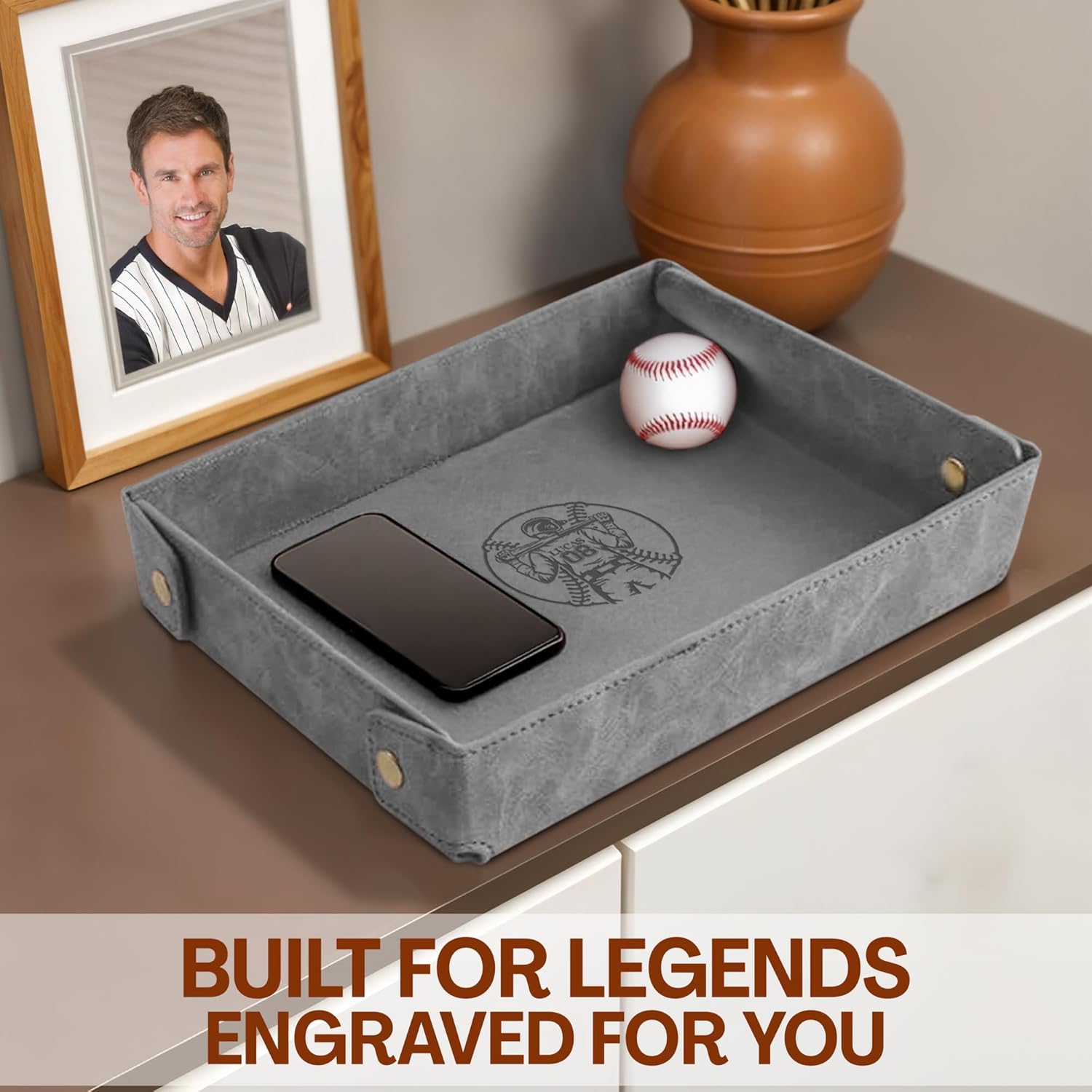 Engraved Baseball Valet Tray –Personalized Leather Catchall with Custom Name –Men’s Nightstand Organizer for Keys, Wallet, Jewelry, and Essentials – Unique Baseball Fan Gift for Home or Office - Grey