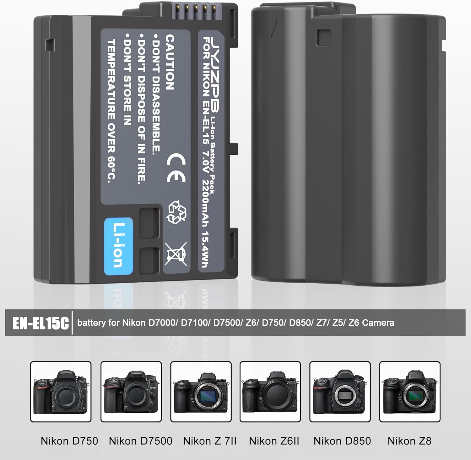 JYJZPB EN-EL15C Battery and Charger Set with Built in Cable Compatible for Nikon D7000 D7100 D7200 D7500 D750 ZF Z6 Z6 ii Z7 Z8 D500 D850 ZR Camera Battery, 2200mAh Long Lasting Power