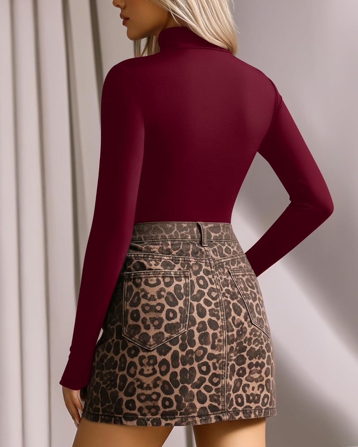 MANGOPOP Women's Mock Turtle Neck Long Sleeve Tops Bodysuit Jumpsuit - Image 3