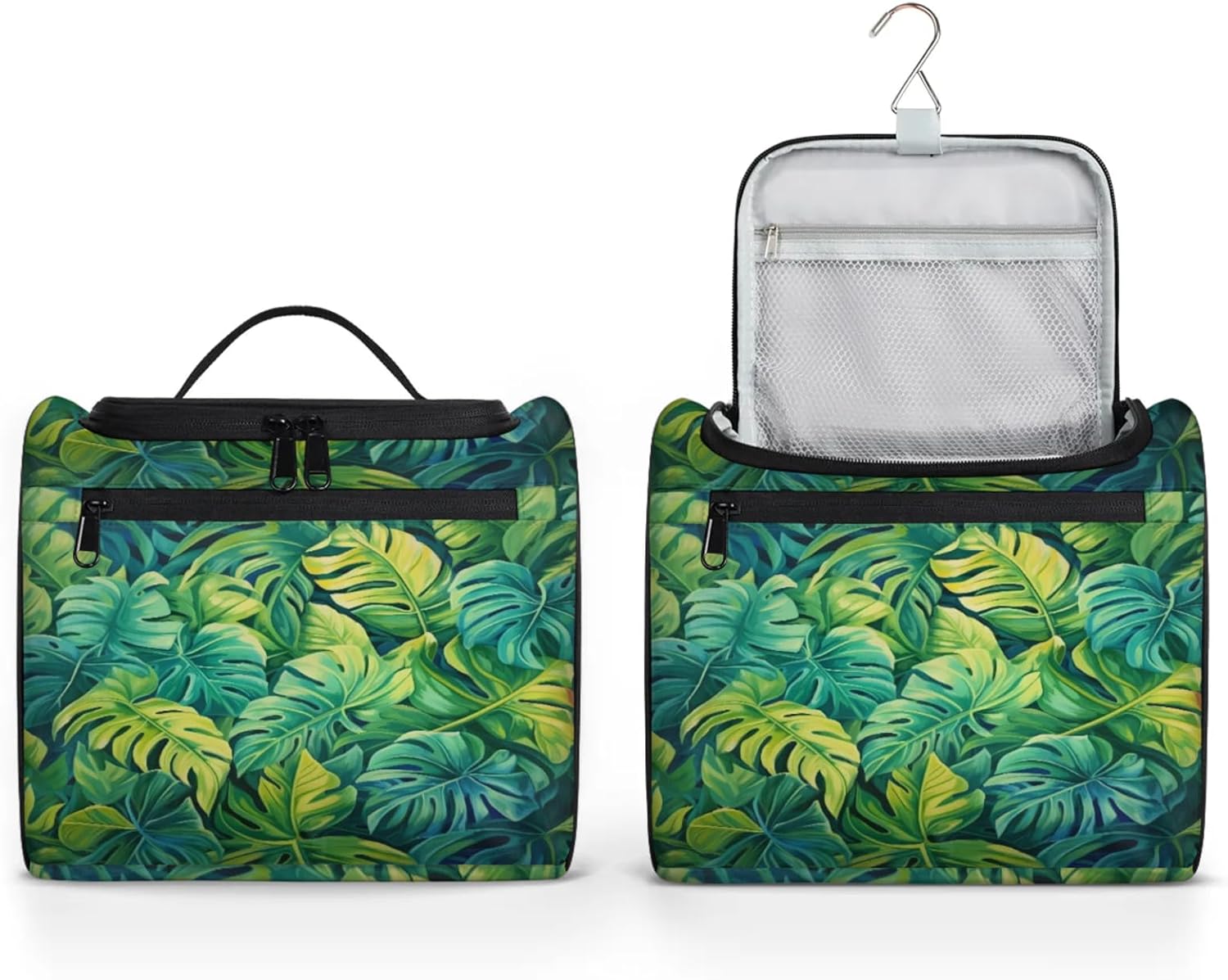 cfpolar Toiletry Bag for Women, Tropical Leaves Hanging Travel Toiletry Bag, Water-resistant Cosmetic Makeup Organizer for Toiletries and Cosmetics, Bathroom Shower Bag with Handle and Hook