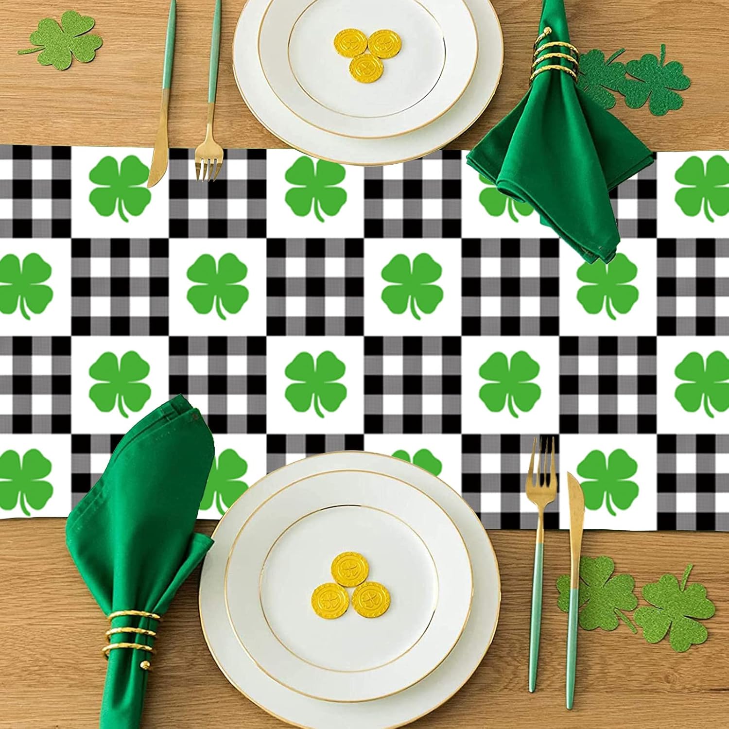 St.Patricks Day Table Runner, Decorative Tabletop Cover 13x120inch Cotton Linen Table Runners for Everyday Dining Wedding Party Holiday Home Decor, Four-Leaf Clover Black White Plaid Theme Lucky