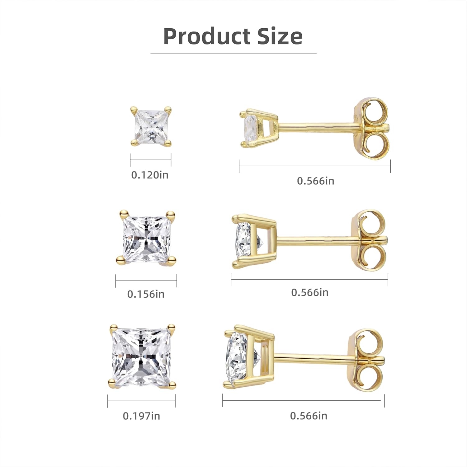 3 Pairs of 14K Gold-Plated Square Cubic Zirconia Stud Earrings, 3mm / 4mm / 5mm Size, S925 Silver Ear Needle, Low Allergenic, Suitable for Both Men and Women - Image 6