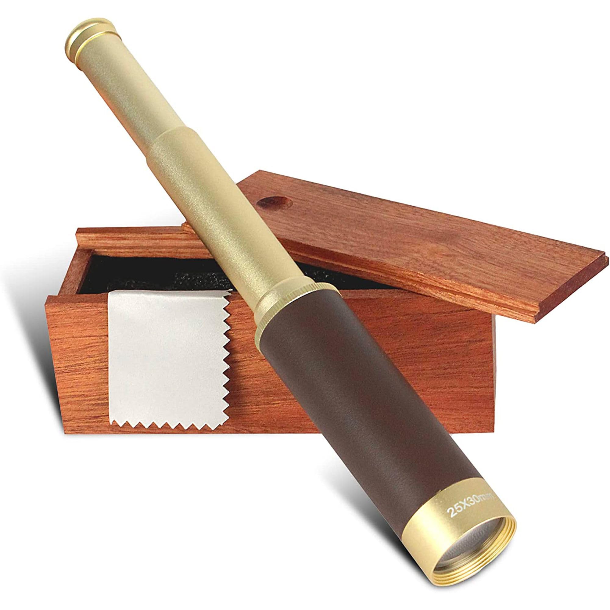Coffret Longue Vue Puissante - Télescope Monoculaire - Grossissement x 25 - Lentille 30 mm - Randonnée, Chasse, Bateau, Observation des Oiseaux et Paysages - Boîte de Rangement Bois - 33 CM - Doré