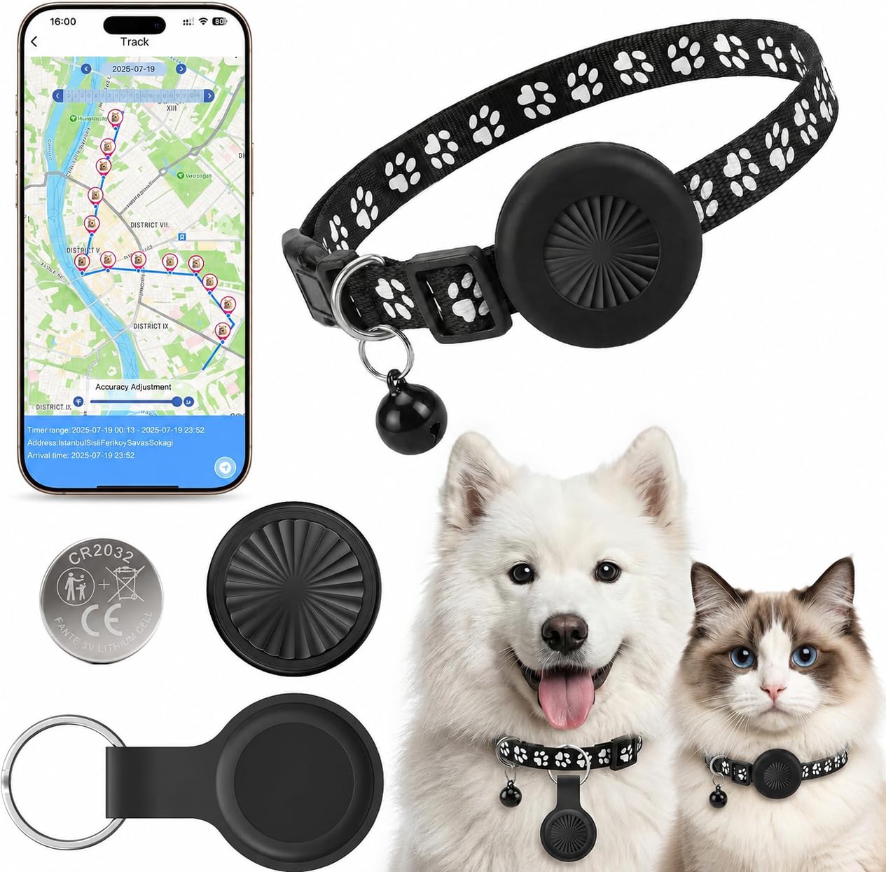 Cat Tracker with Collar, GPS Dog Tracker Compatible with iOS and Android, Real Time Pet Collar Tracking Device No Monthly Fee, 7-Day Trajectory Playback, IP67 Waterproof, Suitable for Pet Collars