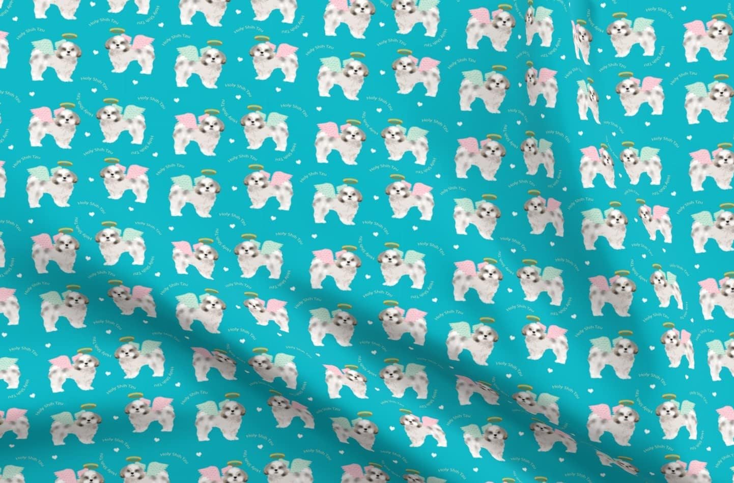 Spoonflower Fabric - Tzu Turquoise Dog Angel Dogs Cute Pet Portrait Printed on Upholstery Velvet Fabric Fat Quarter - Upholstery Home Decor Bottomweight Apparel