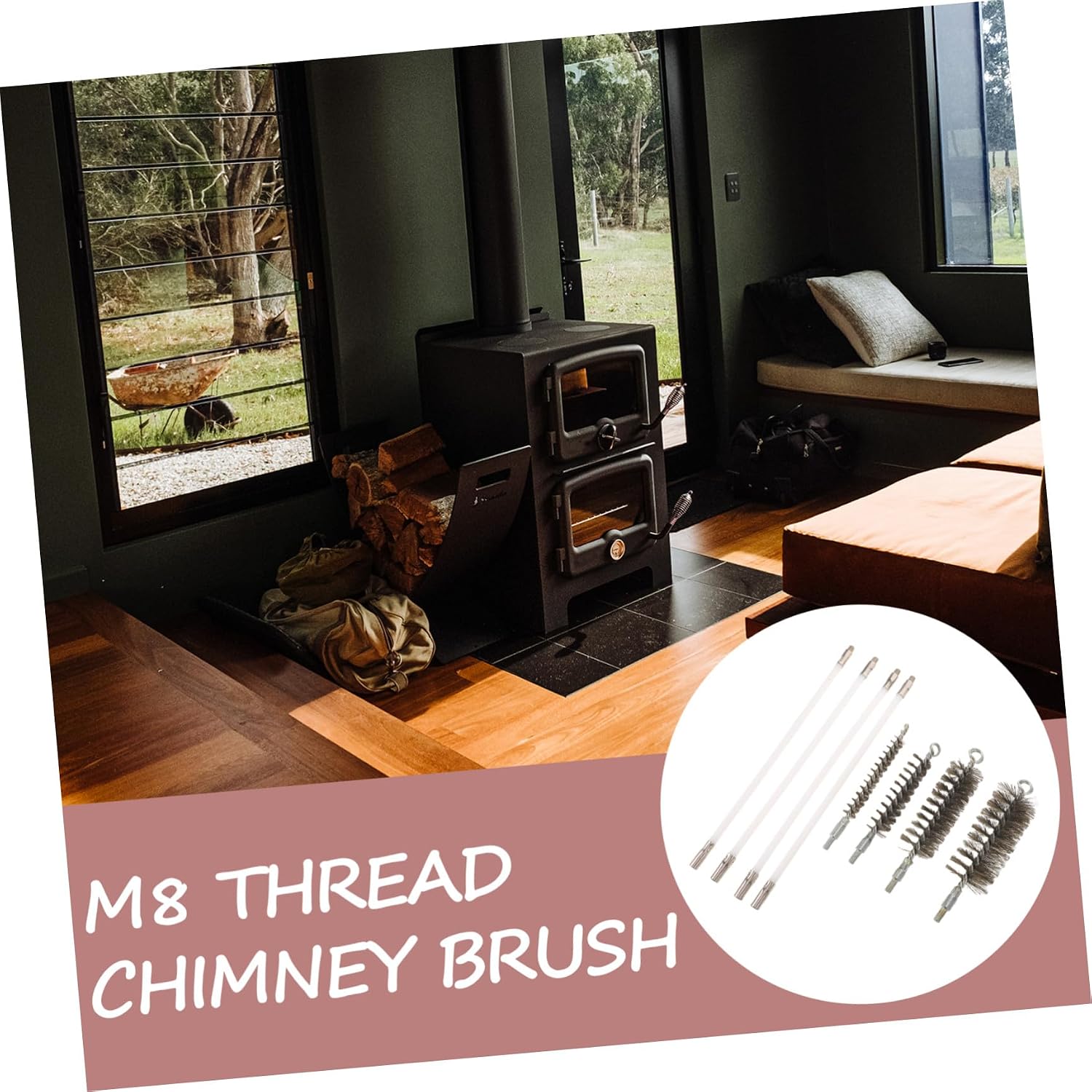 COLLBATH Extendable Chimney Brush Set with M8 Threaded Nylon Rods, 4pcs Pipe Cleaner Kit for Flue and Stove Vent Cleaning, Infinite Length Chimney Sweep Accessories for Home Fireplace