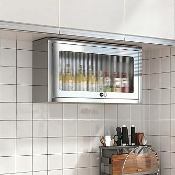 Wall Mounted Stainless Steel Cupboard, Storage Cabinet with Up Flip Door, Medicine Cabinet, Spice Rack, Utensil Organizer for Garage Bathroom Kitchen 60cm/23.6"