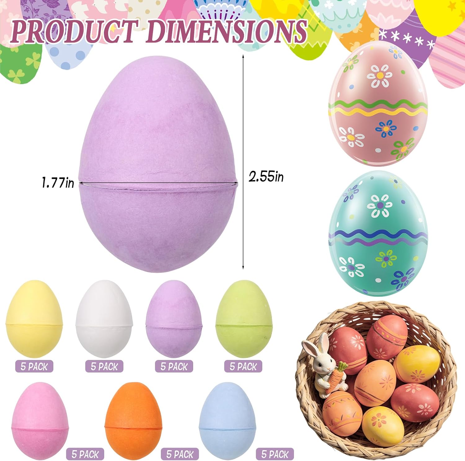 35 Pcs DIY Paper Mache Easter Eggs,2.55"x1.77" Durable Easter Eggs Empty,Cardboard Easter Eggs,Paint Your Own Paper Mache Eggs for Easter Party Gifts Basket Filler (Colorful)