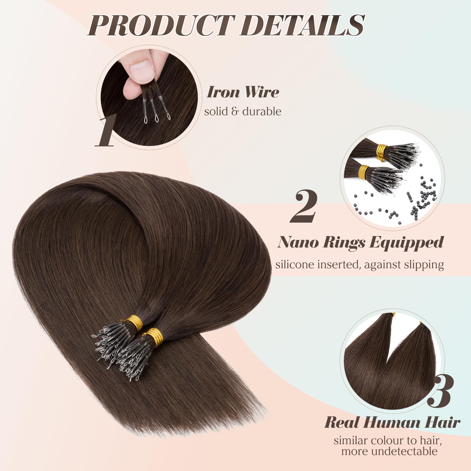 Benehair Nano Hair Extensions Straight Remy #2 Dark Brown Nano Loop Hair Extensions Real Human Hair 16 Inches (35g) - Image 3