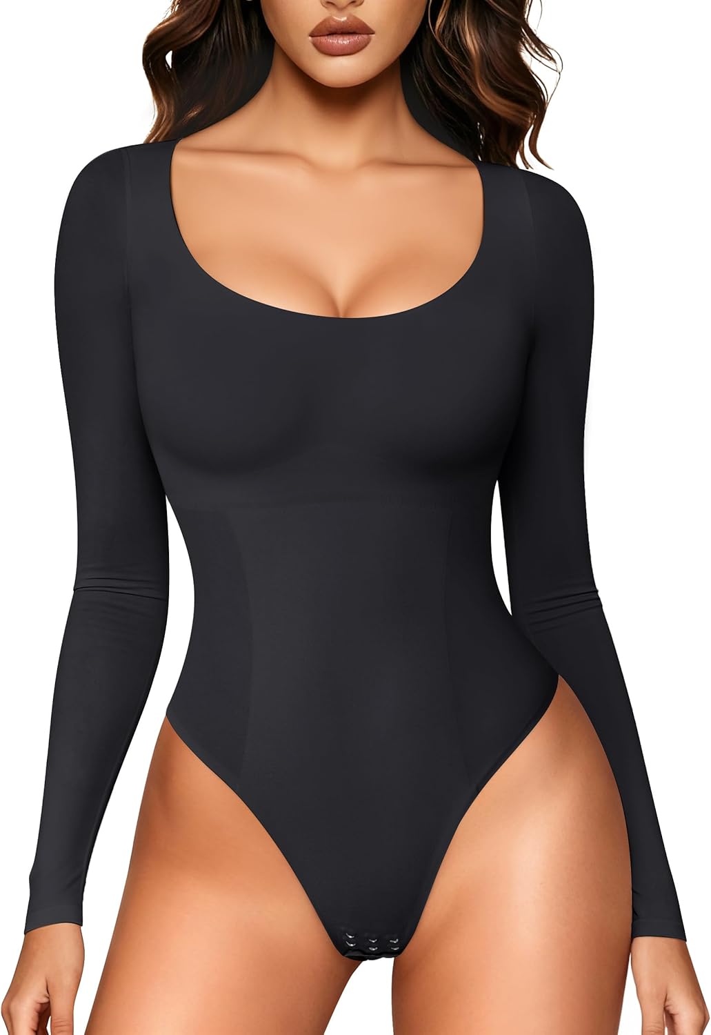LODAY Long Sleeve Bodysuit for Women Tummy Control Shapewear Body Suits Scoop Neck
